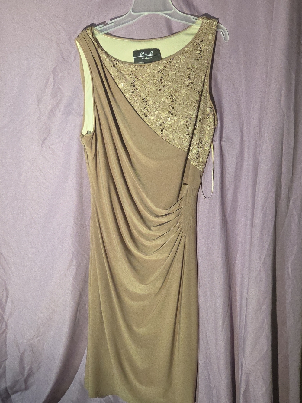One-Shoulder Taupe Draped Evening Dress with Sequin Bodice